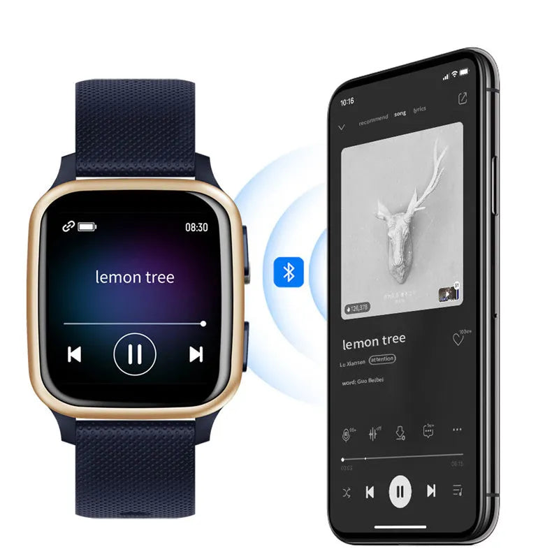 Smart watch with aluminium alloy case showing Bluetooth call, heart rate monitoring, and fitness tracking features