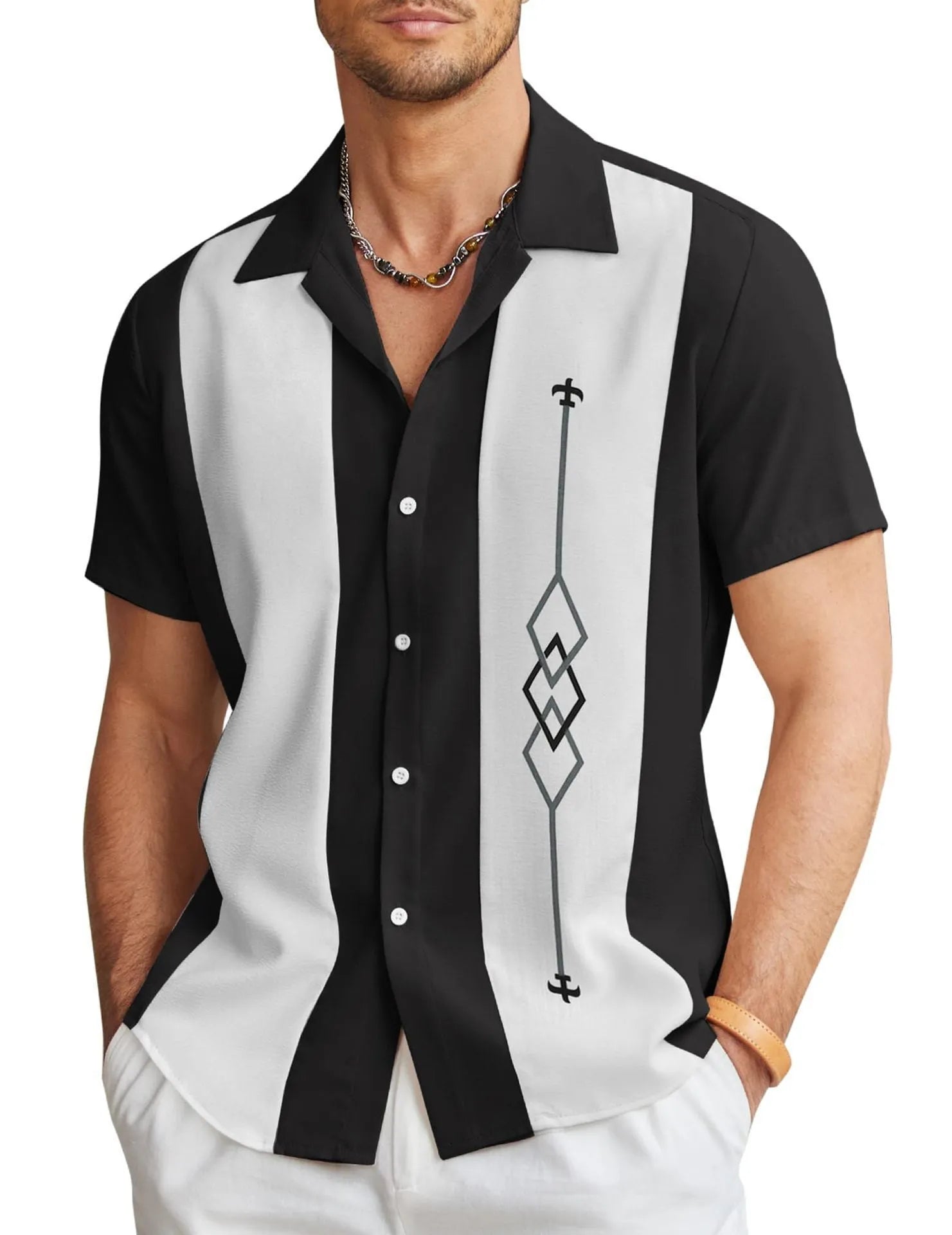 Men's slim fit Hawaiian shirt with short sleeves and digital printed pattern in cardigan style