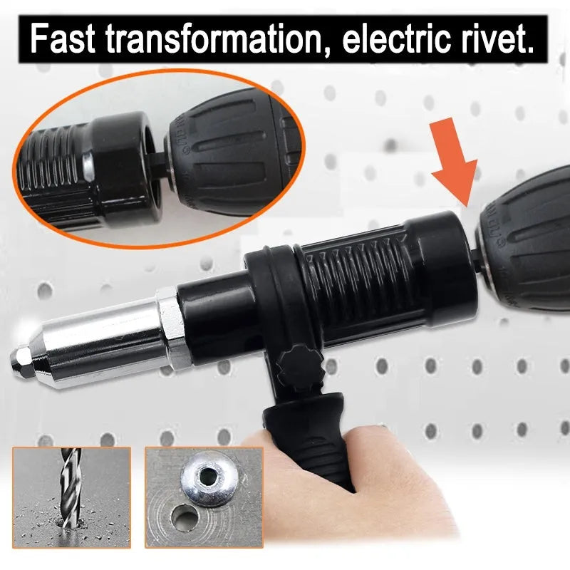 Black metal electric drill rivet gun conversion tool with 173mm alloy steel head and adapter