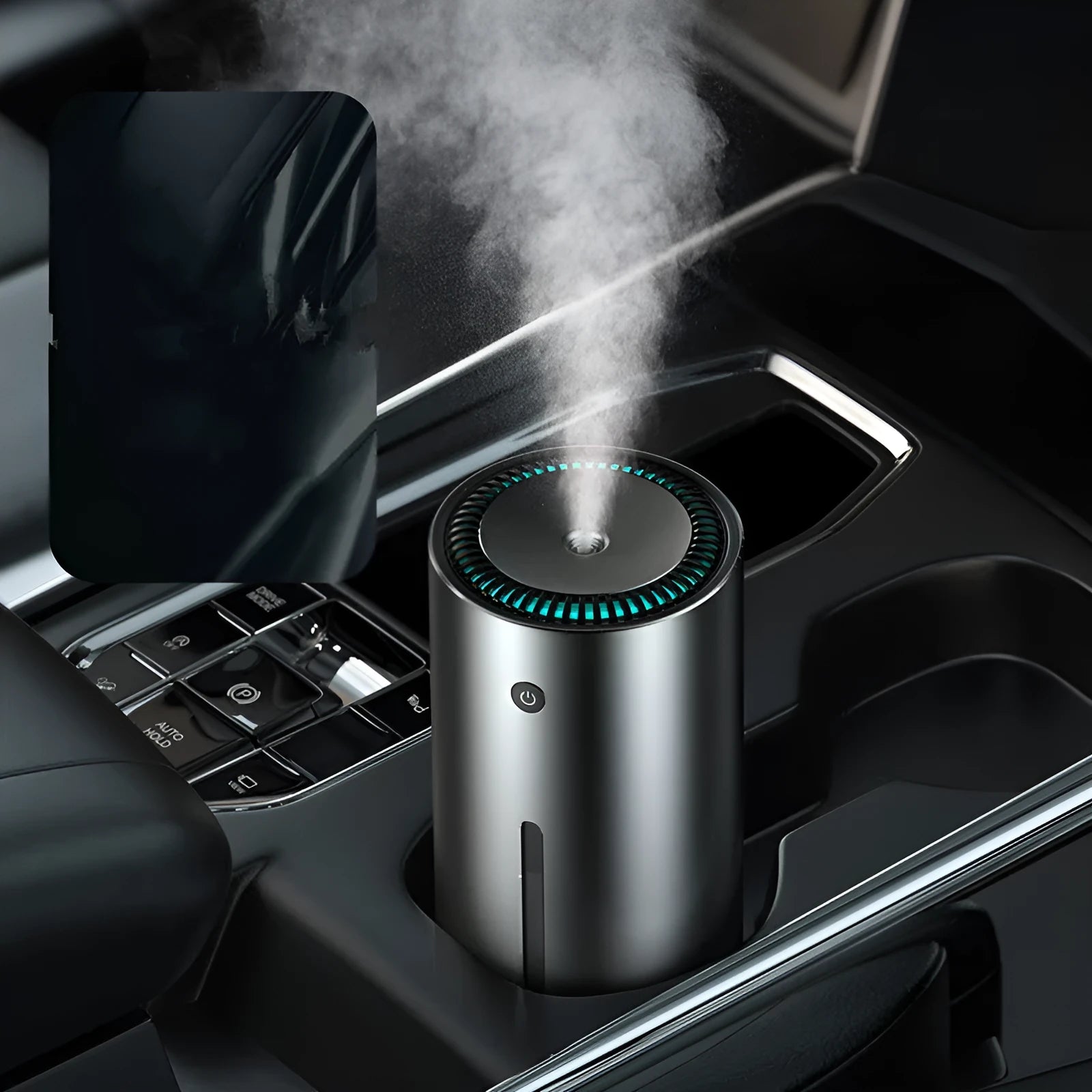 Black aluminium alloy car diffuser humidifier with air purification function on a desktop.