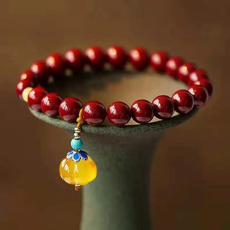 Handmade wave-shaped cinnabar and copper bead bracelet in national style design