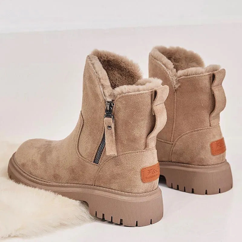 Black high-top women's snow boots with side zipper and faux fur cuff