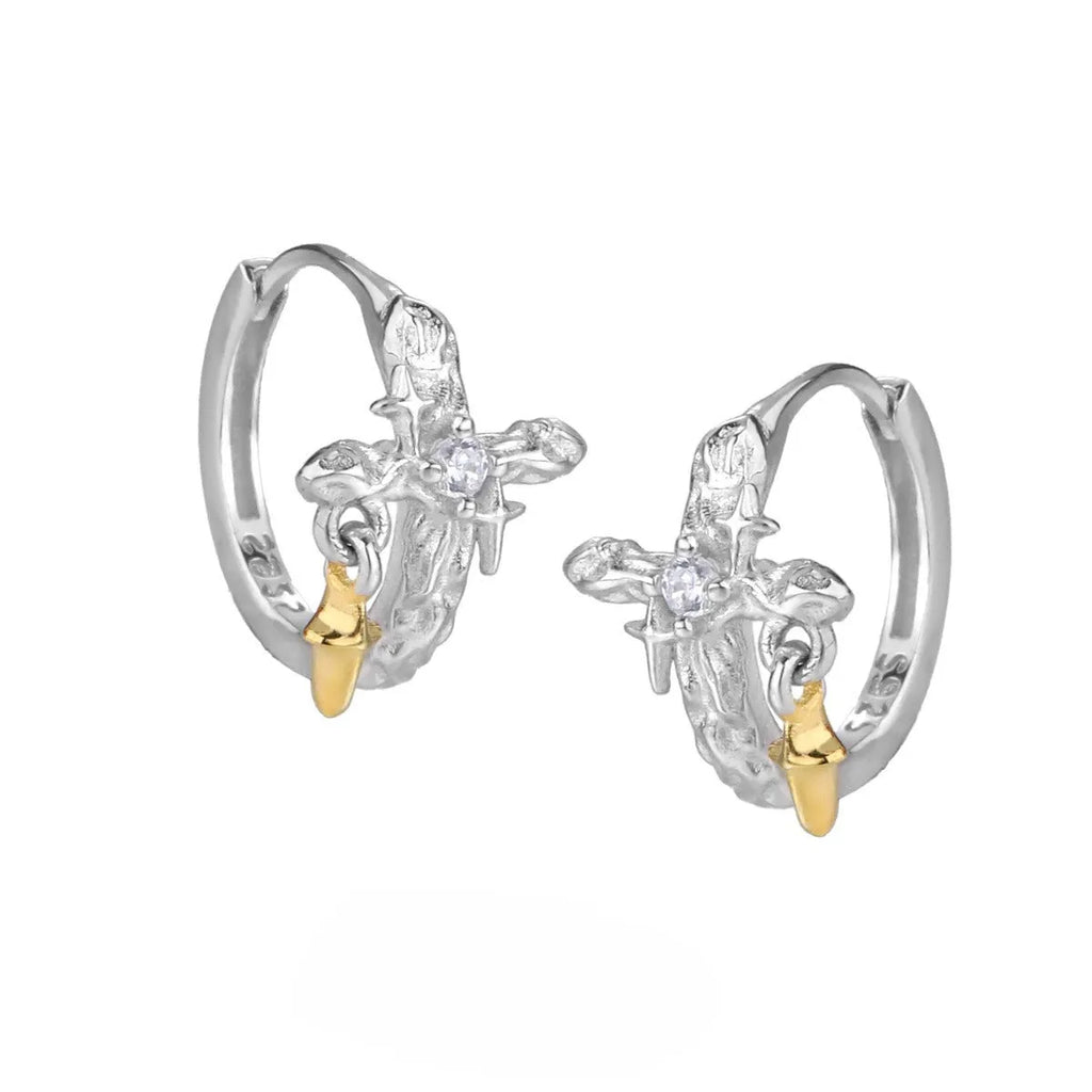 925 silver cross earrings with geometric round design in white gold colour finish