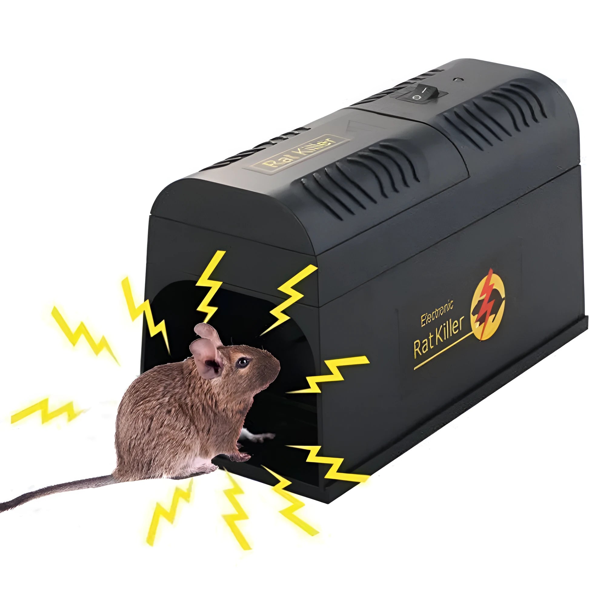 Black high voltage electronic rodent killer device with choice of plug types