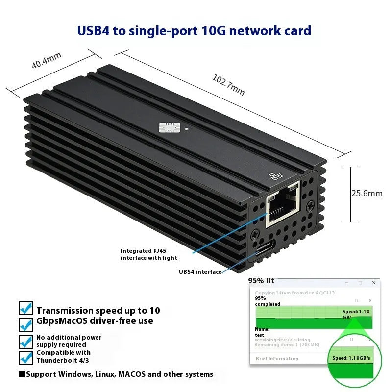 Black USB4 to 10 Gigabit Ethernet network adapter with RJ45 port and 20cm cable