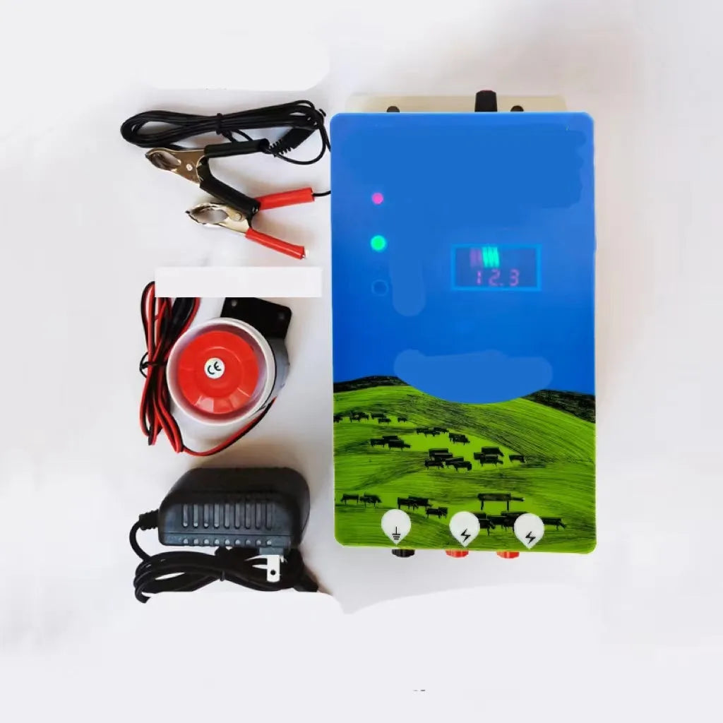 Pasture high voltage pulse fence system with electric display and alarm components for livestock containment