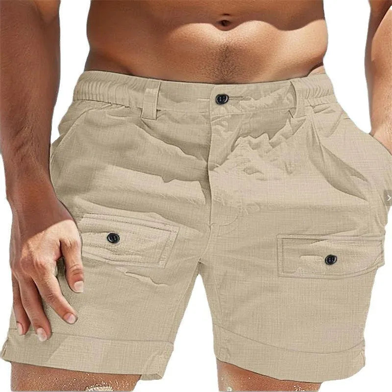 Men's linen beach shorts with elastic waist and button pockets in white colour