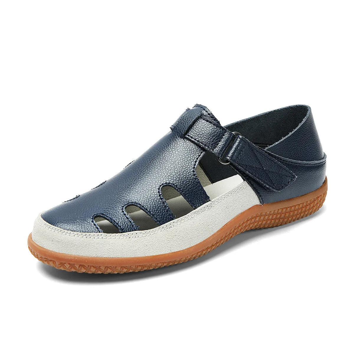 Women's plus size flat sandals with hollow-out toe cap in red, white, or blue on a thick rubber sole.