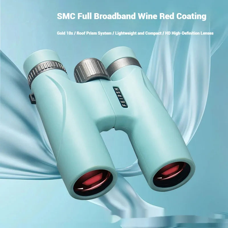 10x32 wine red film binoculars in grey or blue colour, showing compact design and large objective lenses.