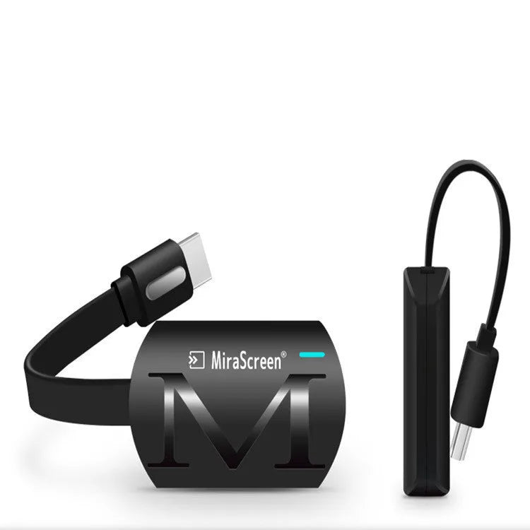 Black smart TV dongle for screen mirroring smartphones to television with HDMI output