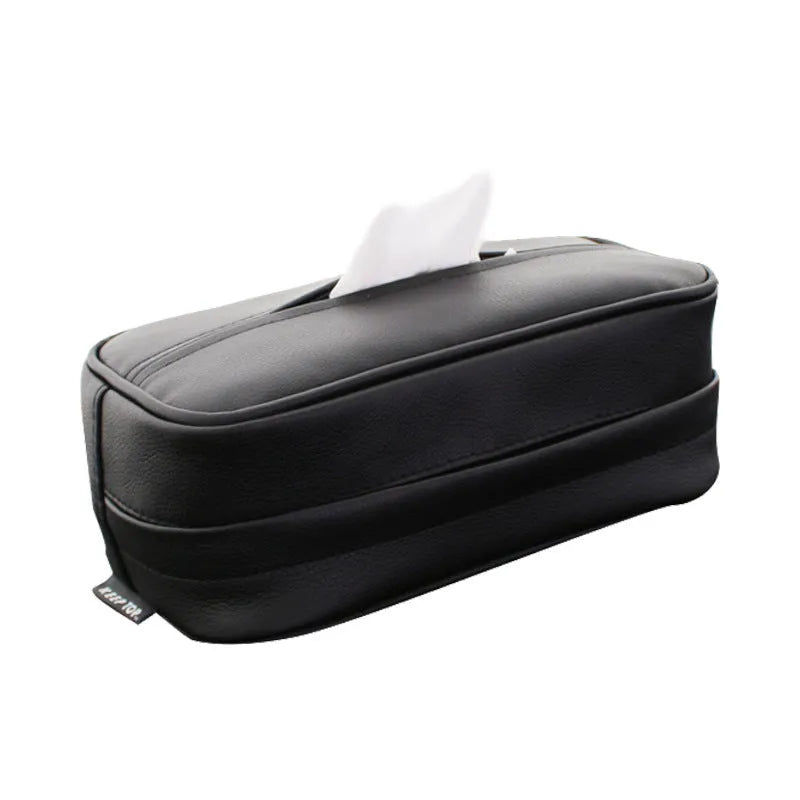Black PU leather car hanging storage box with integrated paper bag holder