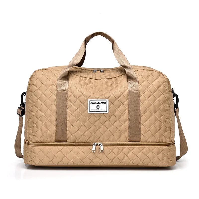 Oxford cloth large capacity travel bag in khaki colour with 36-55 litre storage for leisure trips