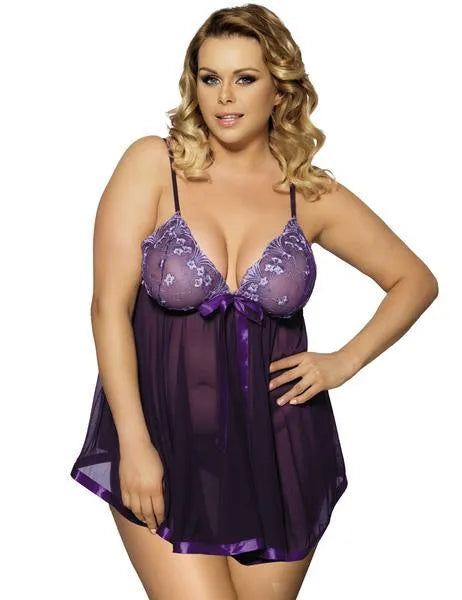 Women's purple lace sling dress sleepwear with mesh panels on mannequin