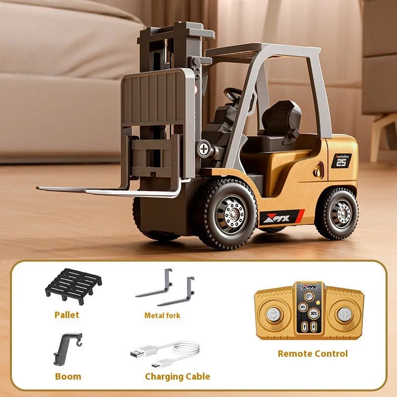 1:64 scale blue alloy remote control forklift toy with cargo hook and pallet on a table.