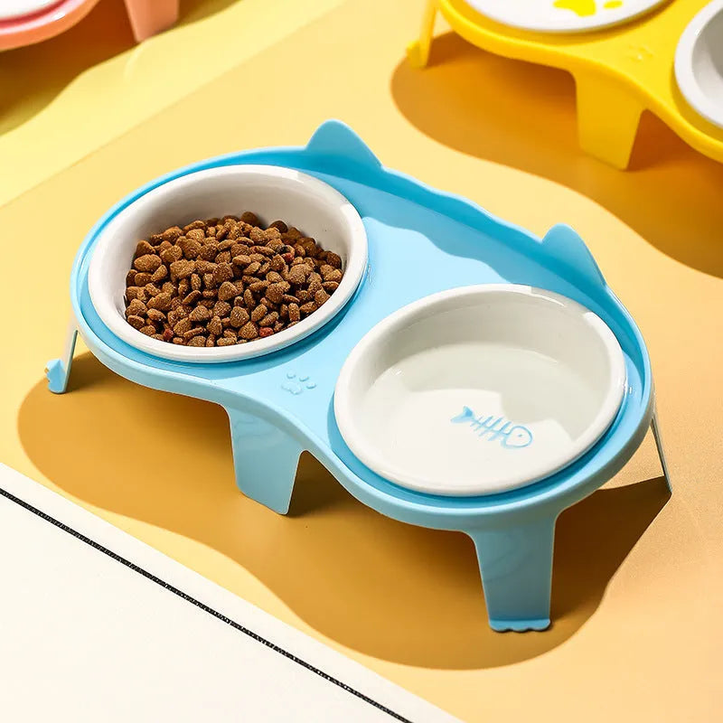 Ceramic cat food and water bowl set on elevated tilted stand with hook design in blue colour