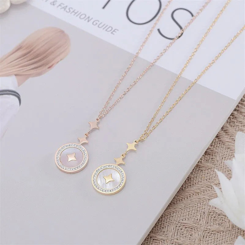 Women's titanium steel hexagonal star necklace with O-ring chain in gold or rose gold