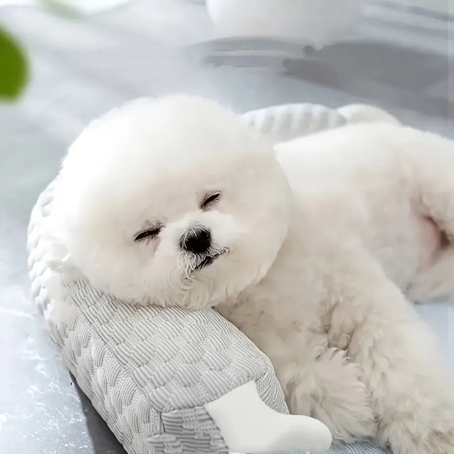Blue pet cooling bed with large-eye monster design on non-slip polyester mat for dogs and cats