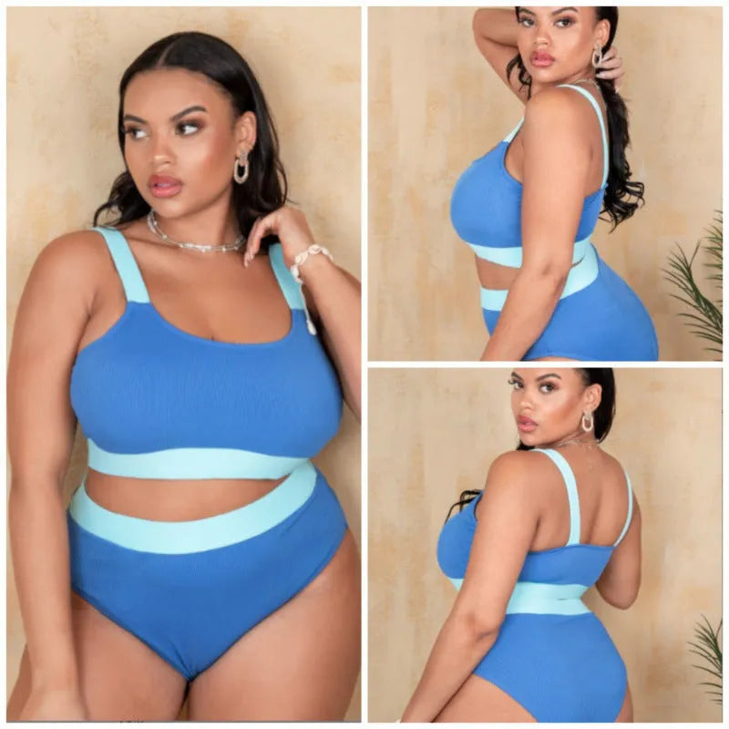 Women's high waisted polyester bikini swimsuit set in briefs style with stitching detail