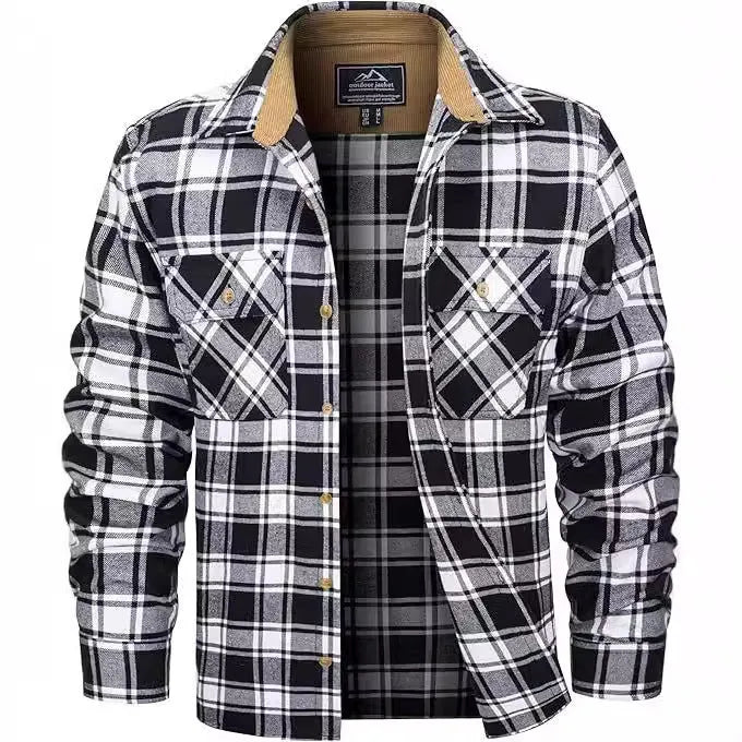Men's casual plaid button shirt in cardigan style for winter, available in multiple colours.