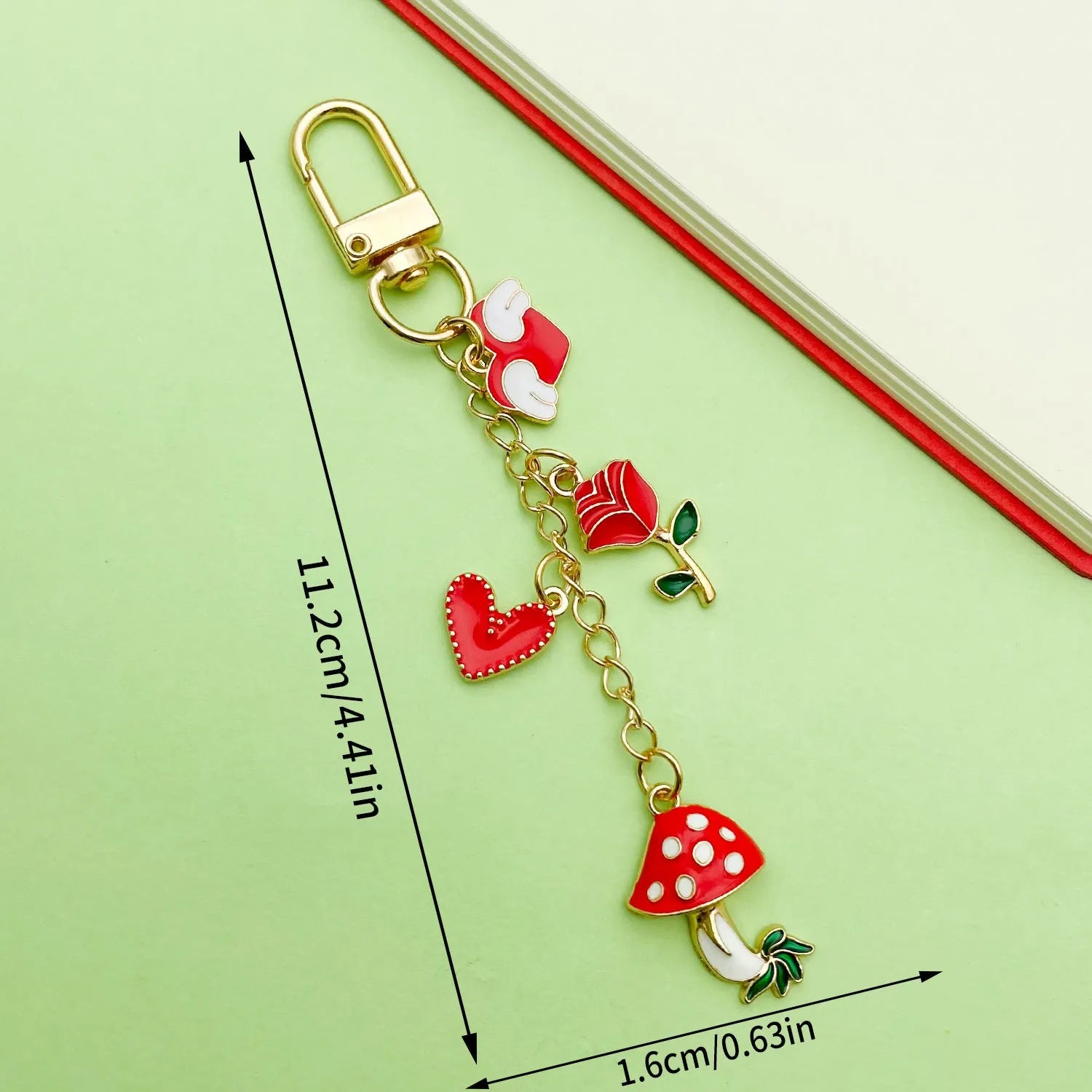 Red mushroom love heart rose heart-shaped alloy keychain with oil drip finish and unicorn pattern
