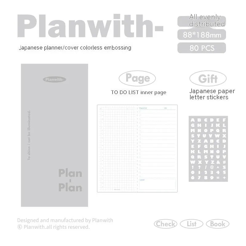 Embossed cover daily meter book notebook open on a desk, showing white 100g paper.