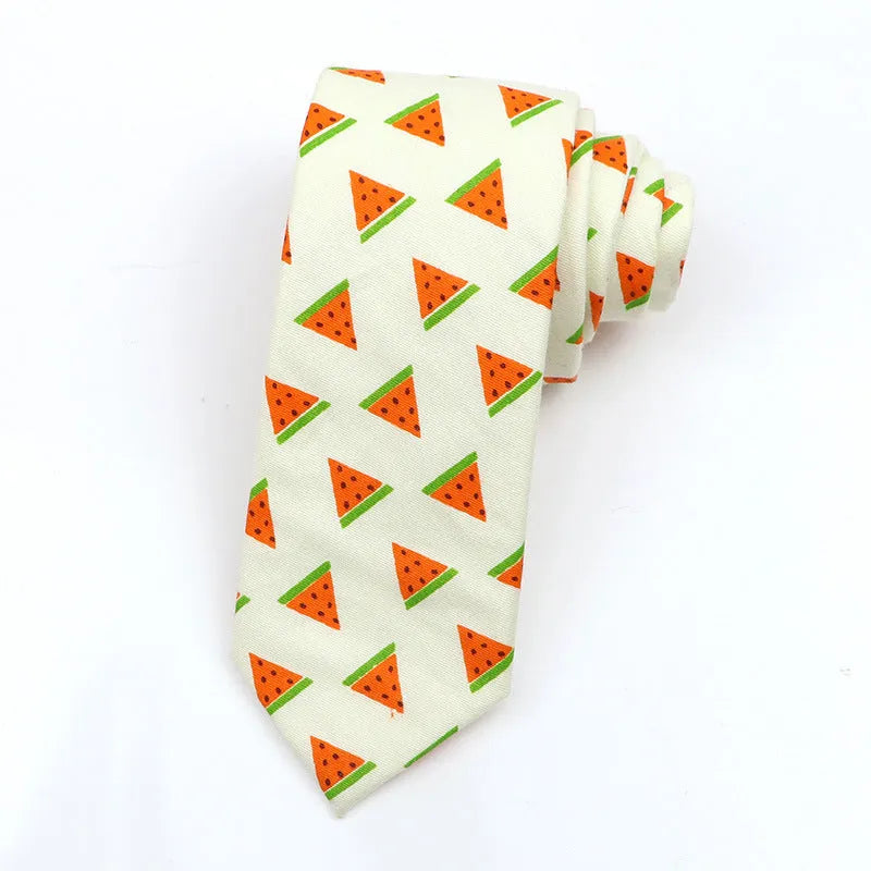 Korean style narrow men's cotton bow tie with a cartoon print pattern on an adjustable neck band.