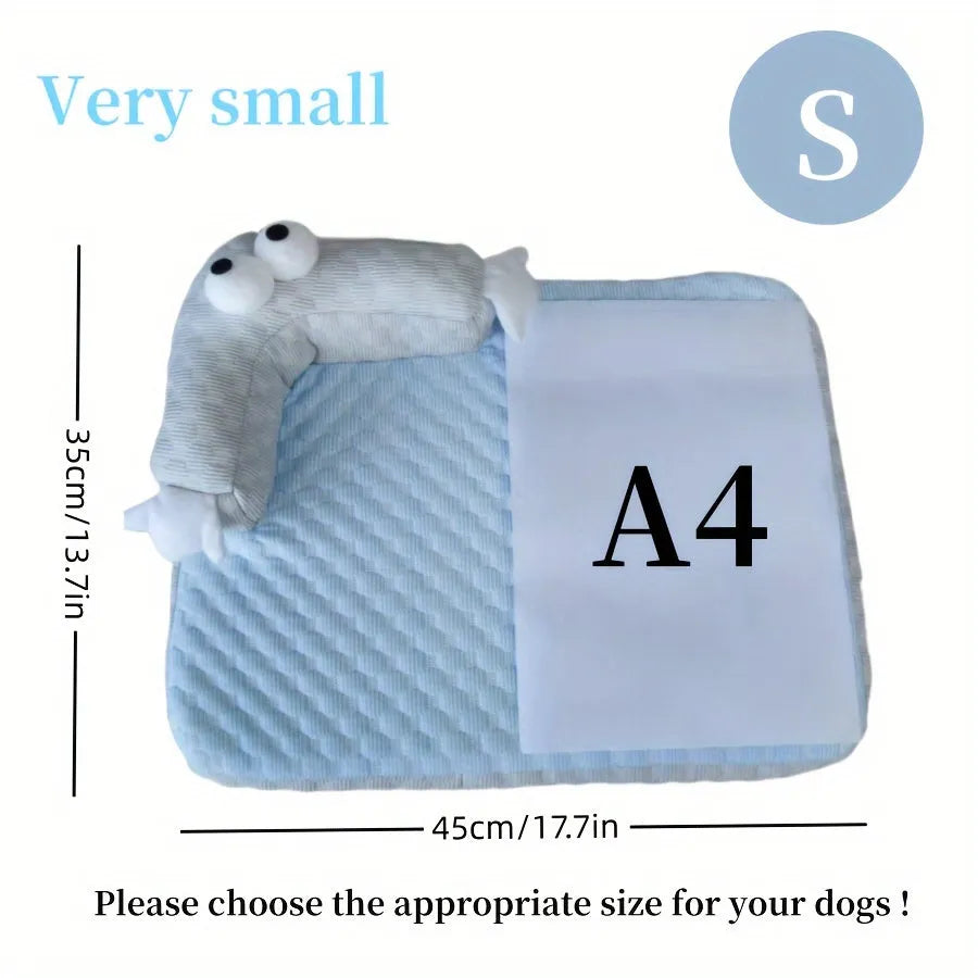 Blue pet cooling bed with large-eye monster design on non-slip polyester mat for dogs and cats