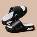 Two-colour EVA slippers for men and women with thick sole, shown in pink and purple colour option.