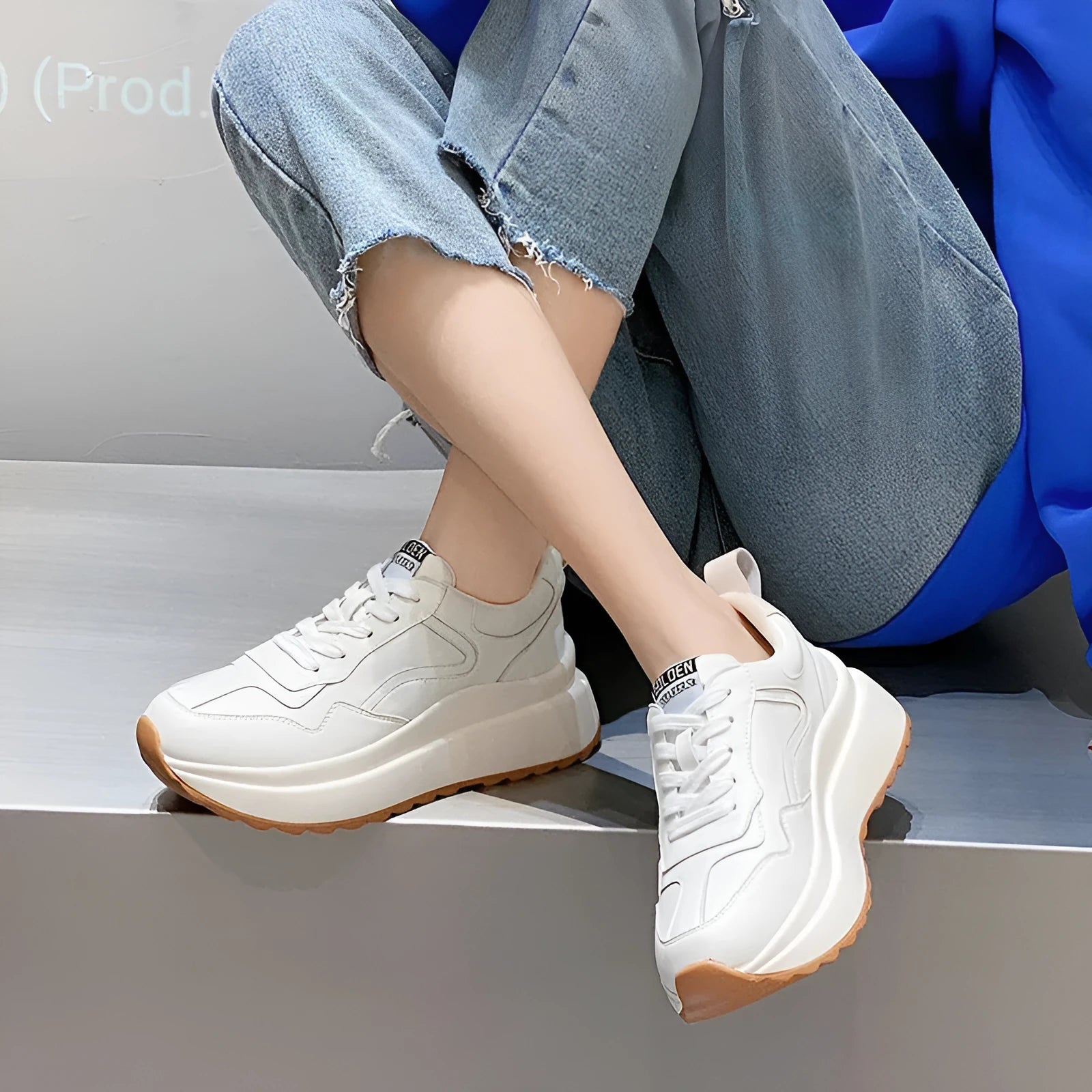 Beige cowhide leather women's casual sports shoes with low-top design, round toe, English muffin heel and cross-strap