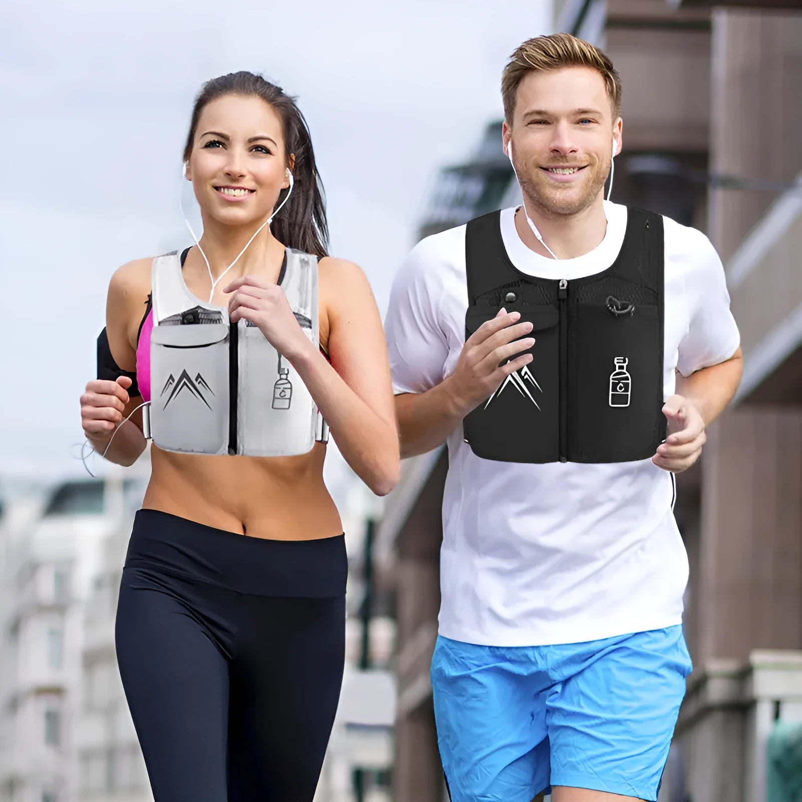 Black breathable mesh sports running vest with a front pocket for a mobile phone.
