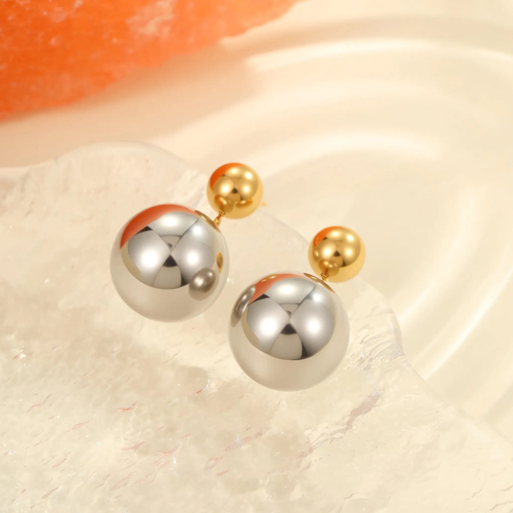 Stainless steel colour-block geometric ear studs for women with round bead design
