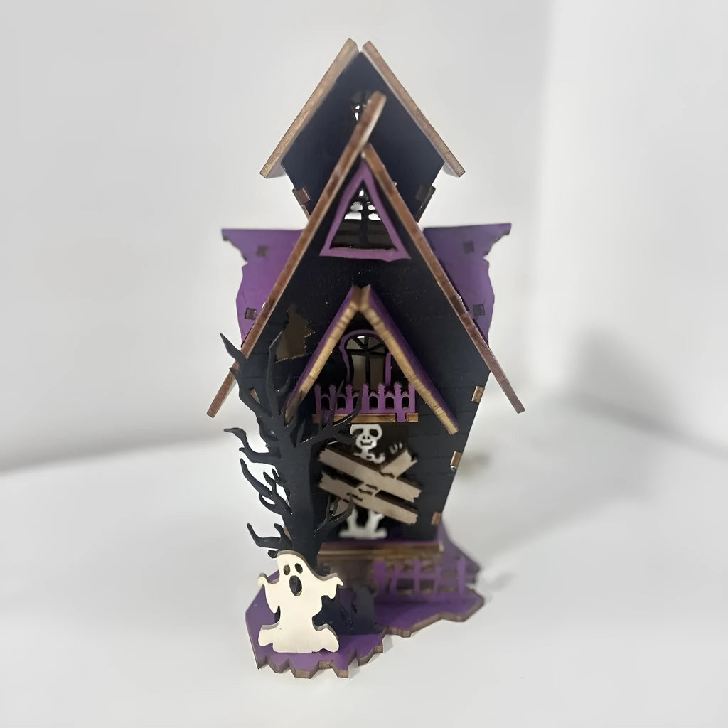 Wooden DIY Halloween haunted house table decoration with glow-in-the-dark details, shown unpainted.