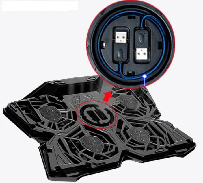 Blue laptop cooling base with four LED fans and integrated USB ports for computer temperature control