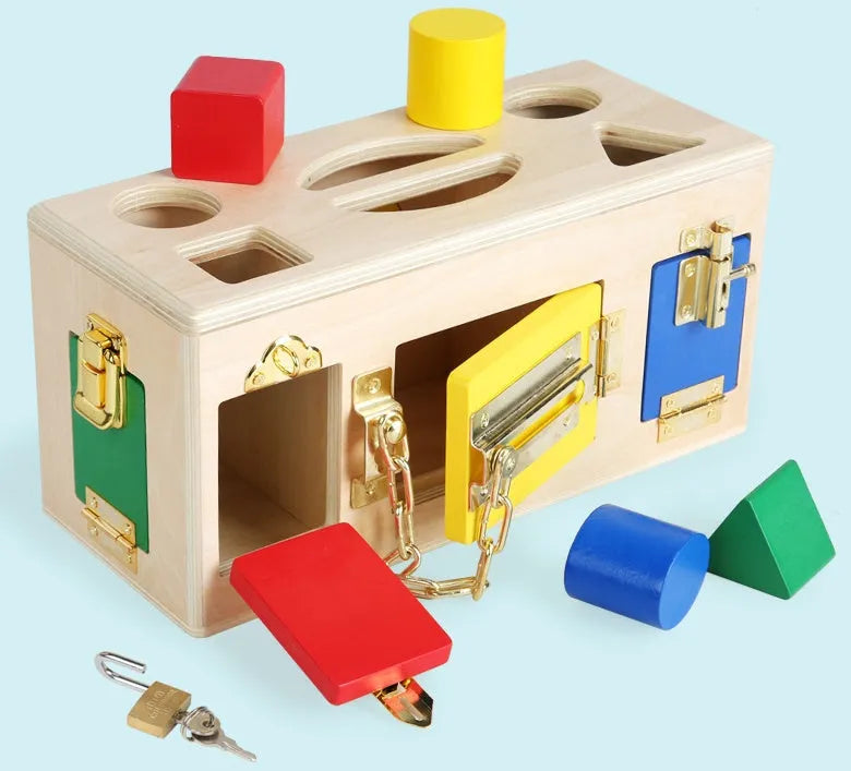 Wooden shape sorting educational toy with lock mechanism for preschool children