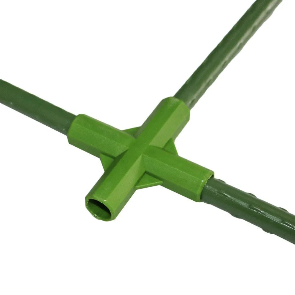 Two white PP plastic plant support connectors for 11mm garden stakes, showing three-way and four-way joint designs.
