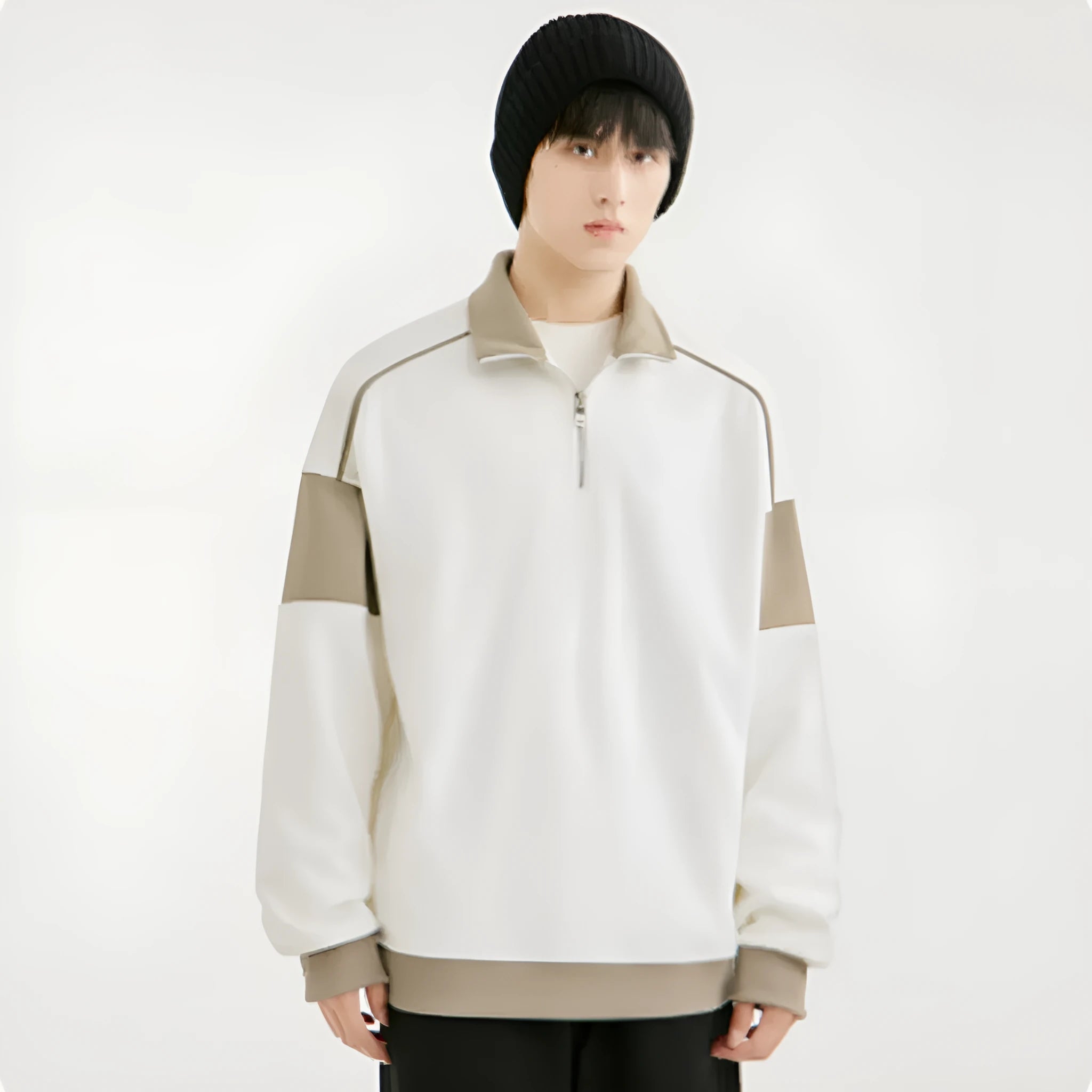 Men's corduroy hooded sweater with drop shoulder design and loose lapels in beige colour