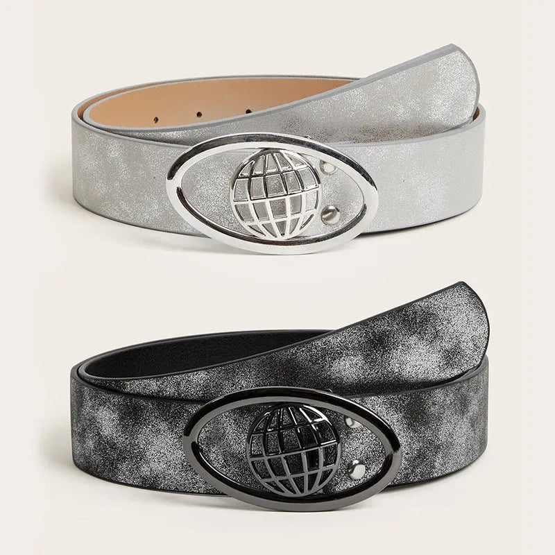 Retro women's belt with oval alloy buckle in thick PU leather vintage style