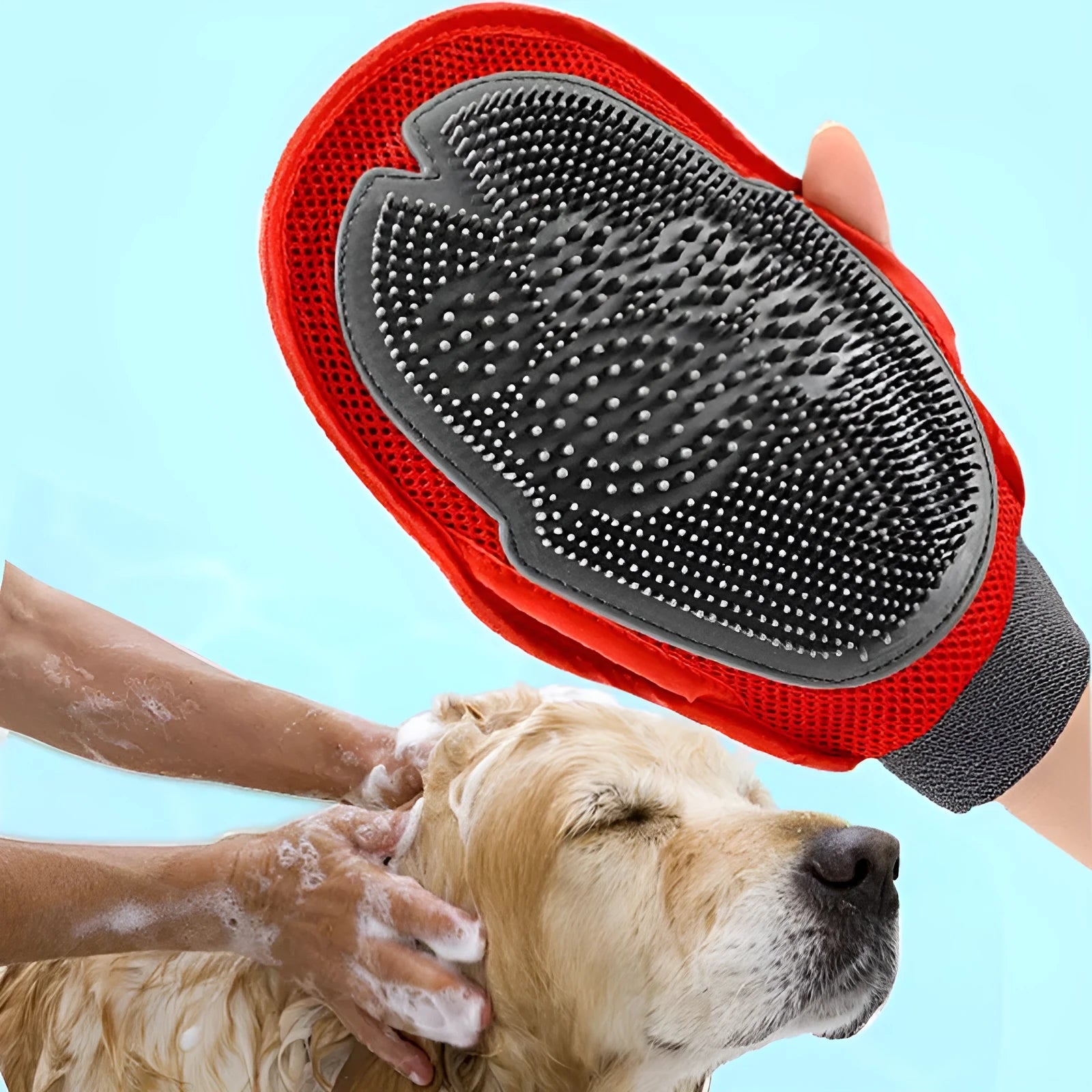 Dog fur grooming massage brush with soft 3D gridding fabric, black, measuring 26 by 16 centimetres