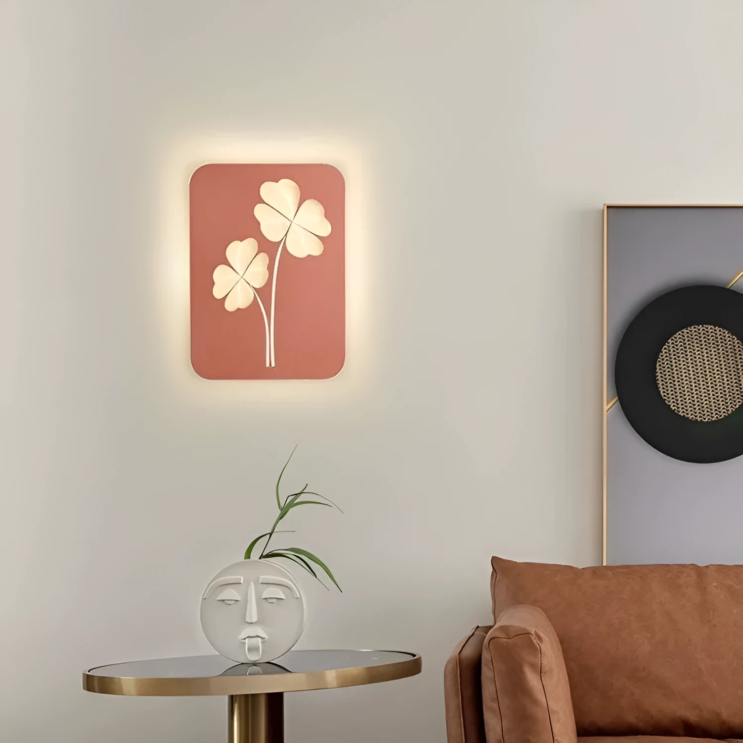Modern bedside lamp with acrylic shade and iron base showing tricolour LED light and decorative heart design.