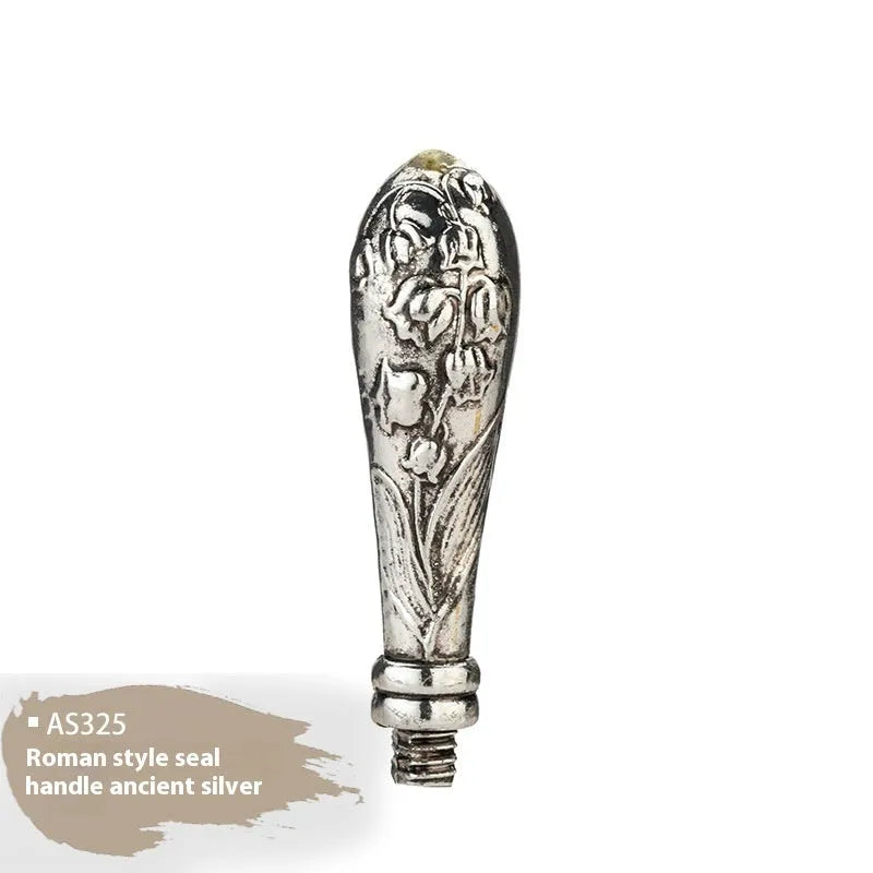 Wooden wax seal handle with decorative metal component in antique silver finish
