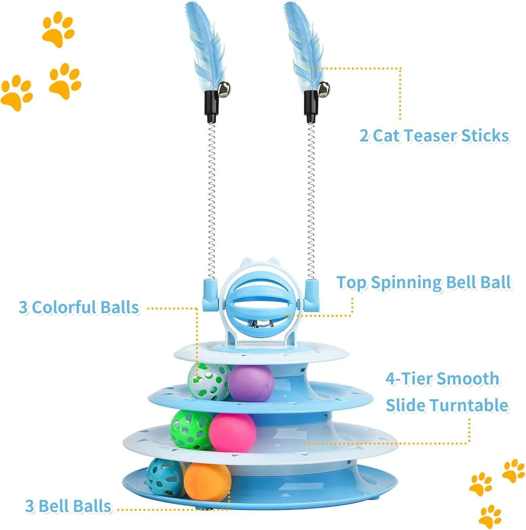 Blue 4-tier interactive cat carousel toy with coloured balls and teasing rods