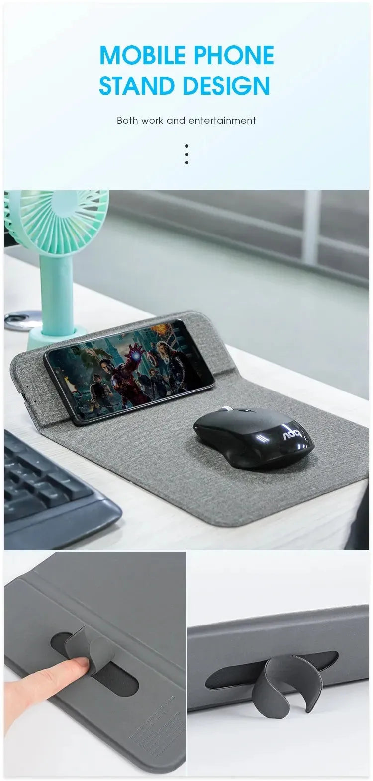 Foldable cloth wireless charging phone holder showing adjustable viewing angles