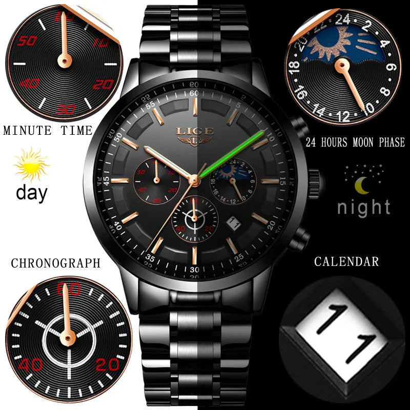 Men's waterproof quartz business sports watch in black and rose red gold with 12mm thickness