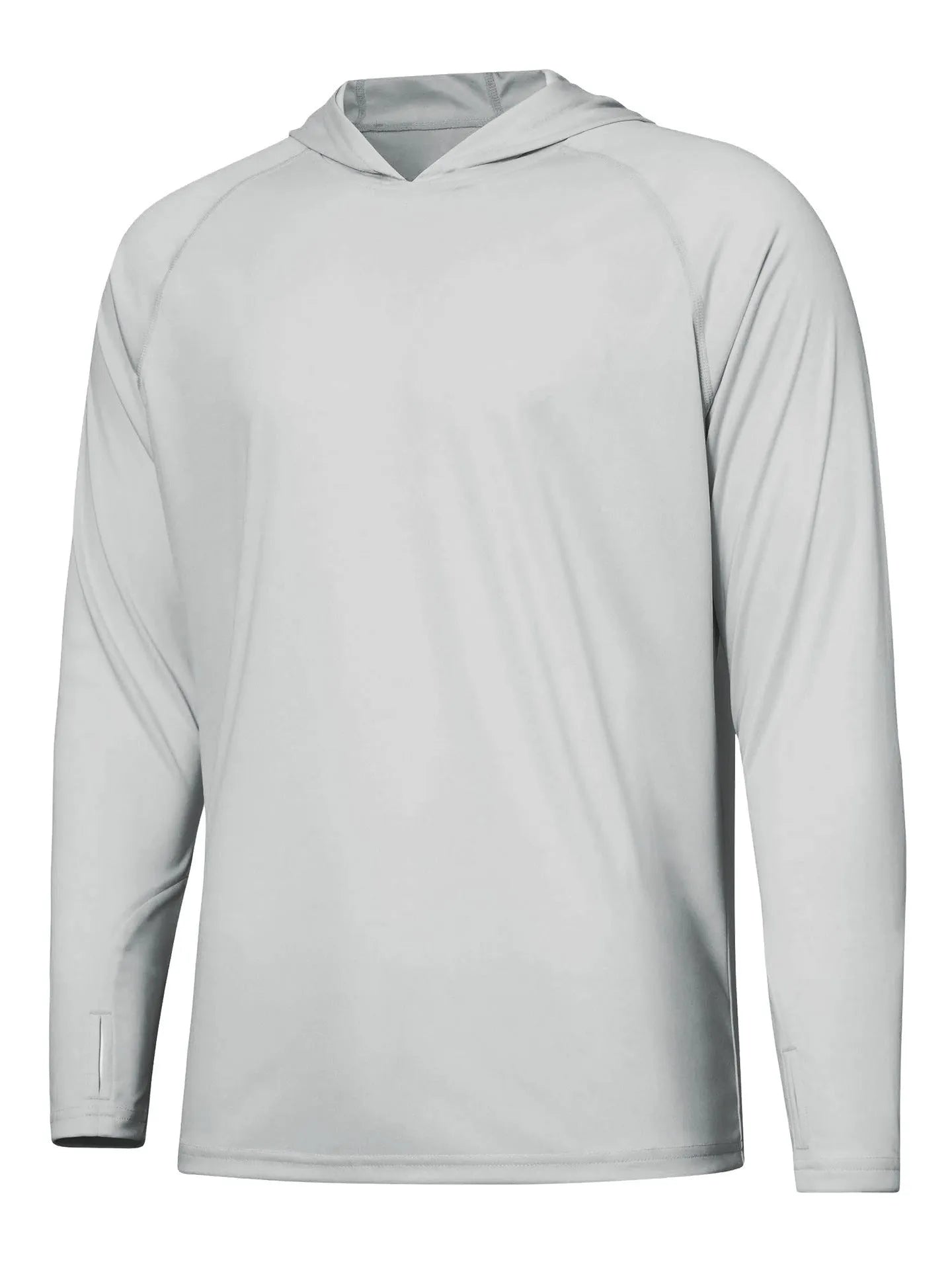 Man wearing a thin grey long sleeve hooded top for outdoor sun protection during fishing or hiking.