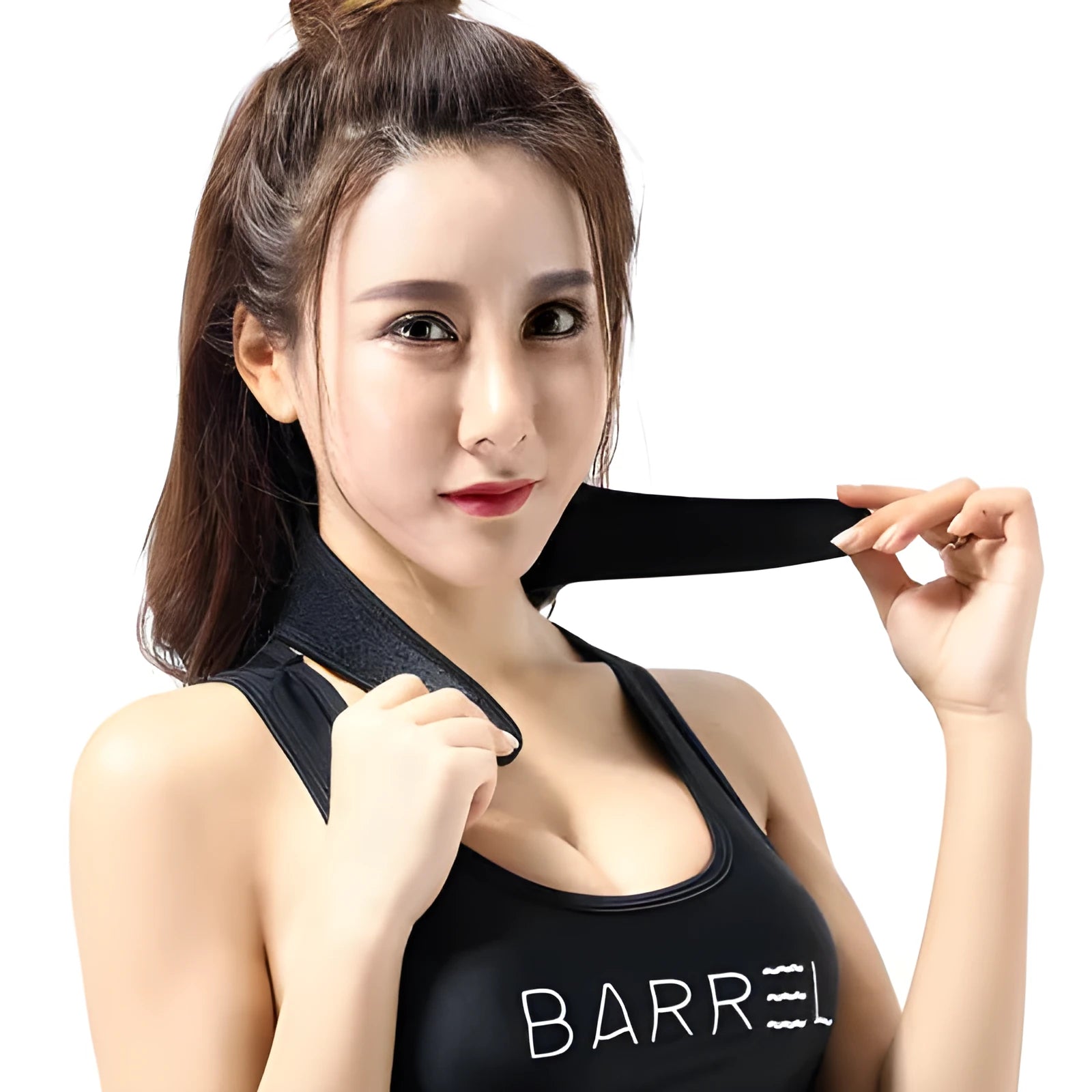 Black self-heating magnetic neck guard with an adjustable shoulder strap for neck support.