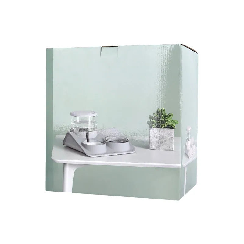 Pet feeder double bowl automatic drinking fountain in blue, grey and pink, 32cm by 30.5cm by 19.5cm