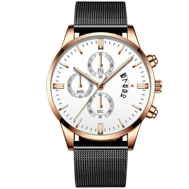 Men's stainless steel quartz watch with mesh band and two-tone case on wrist