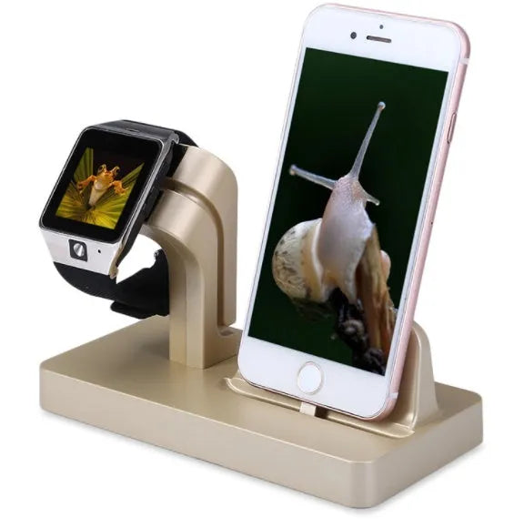 White 2-in-1 charging dock holding an iPhone and an Apple Watch on a wooden desk.
