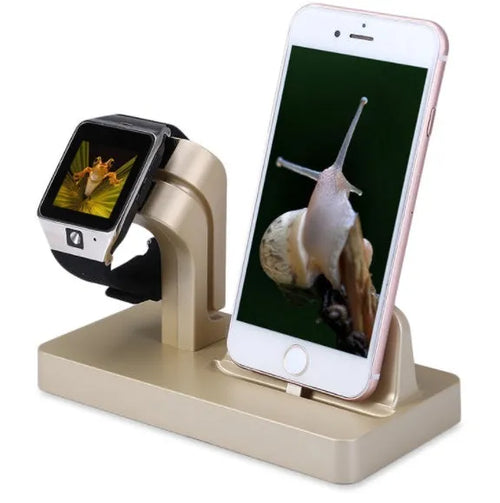 White 2-in-1 charging dock holding an iPhone and an Apple Watch on a wooden desk.