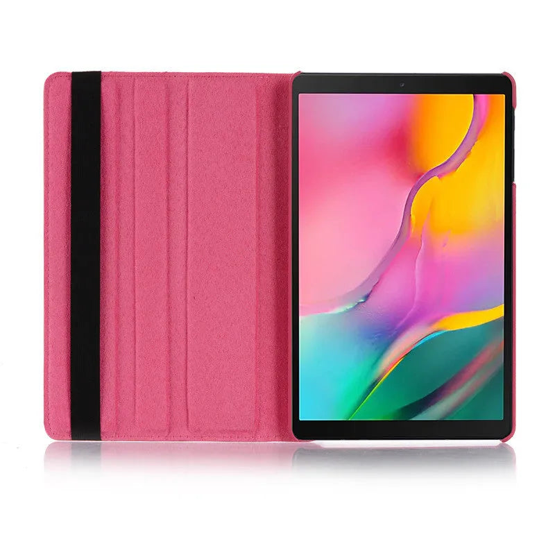 Imitation leather rotating clamshell protective sleeve for iPad and iPad Pro tablets.